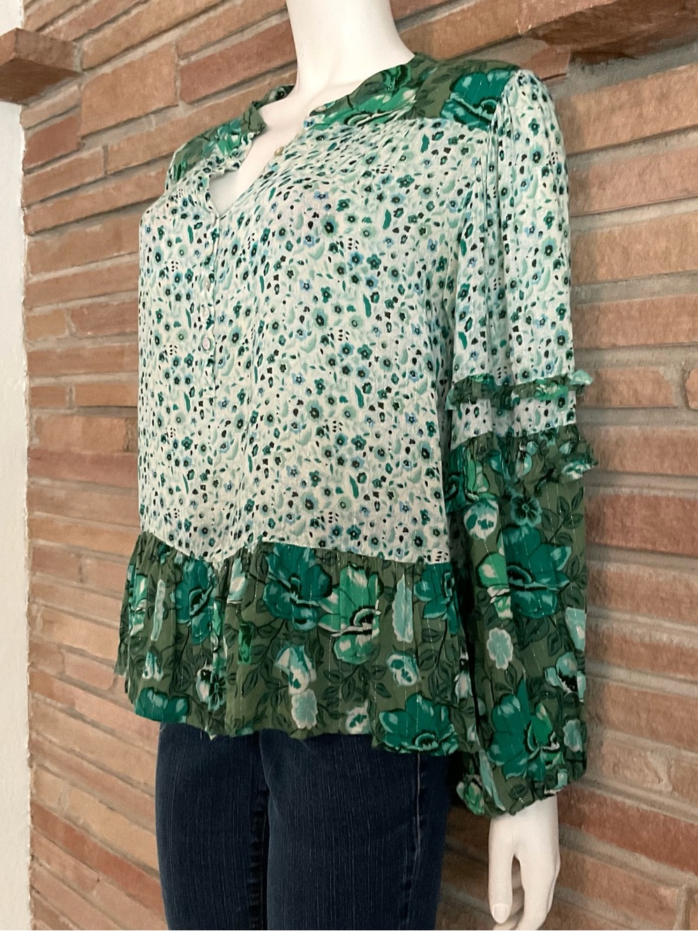 Spell And The Gypsy Collective Boho Cottagecore Peasant Blouse Green Floral Sm
